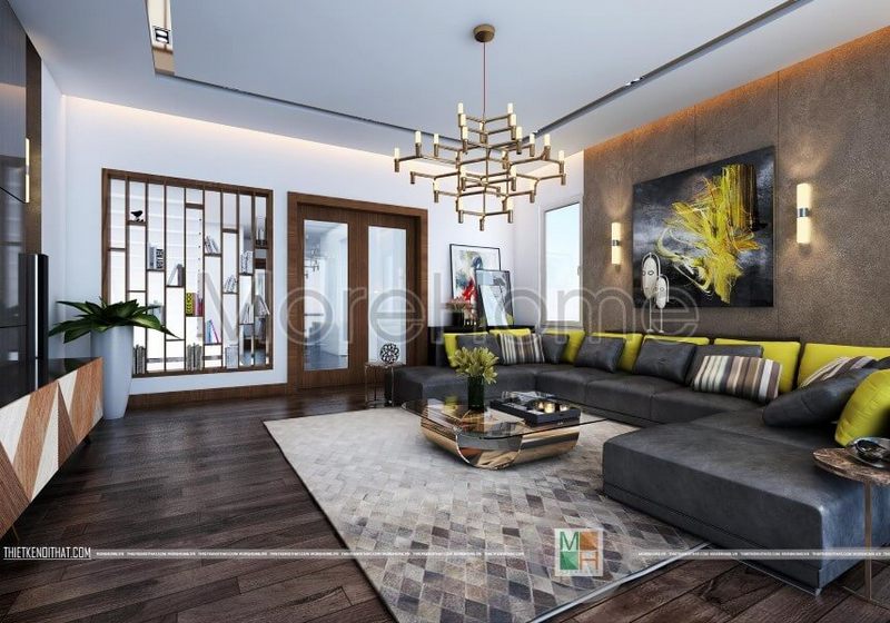 Mẫu sofa hiện đại bọc da với gam màu xám cho phòng khách giảm bớt được lượng ánh sáng từ ngoài, giúp chung hòa được không gian trong phòng