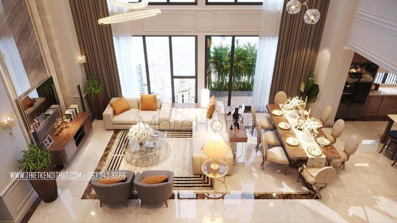 Khu vực ăn uống được thiết kế đơn giản nhưng vẫn sang trọng, bao gồm bàn ghế gỗ óc chó tự nhiên cao cấp.