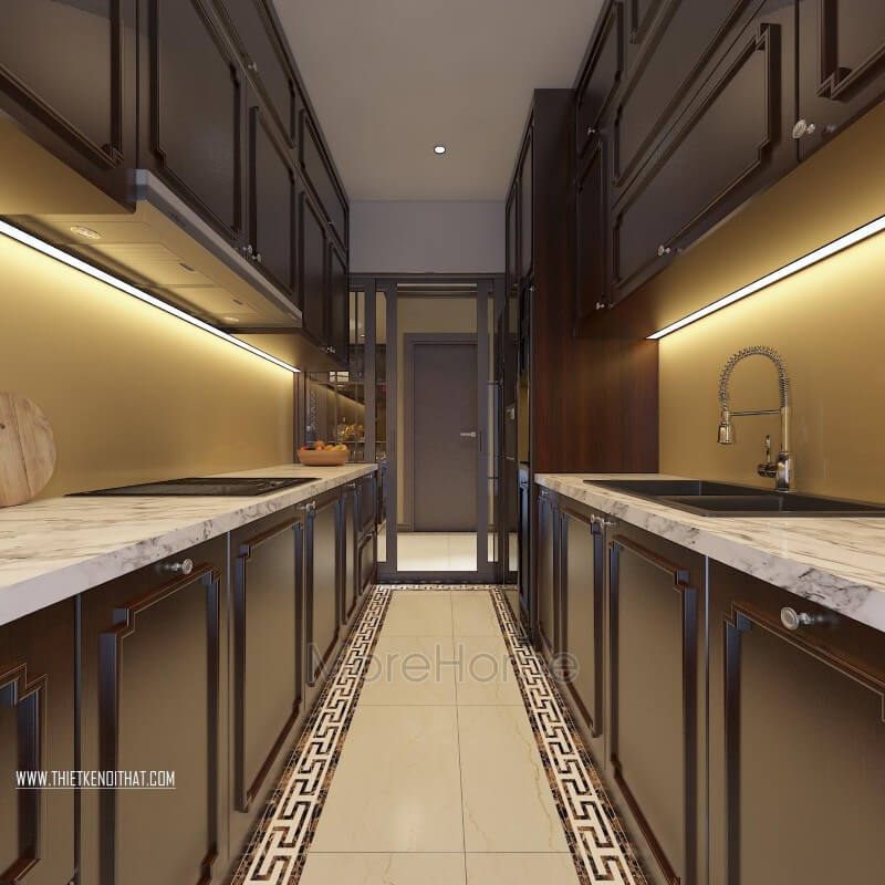 Kính ốp bếp màu vàng nhạt sẽ làm cho không gian sạch sẽ và sang trọng hơn với diện tích nhỏ.