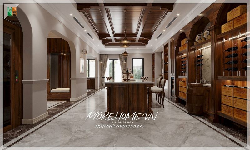 Thiết kế phòng ăn mở với nội thất gỗ óc chó sang trọng cao cấp phong cách tân cổ điển cho biệt thự, nhà phố