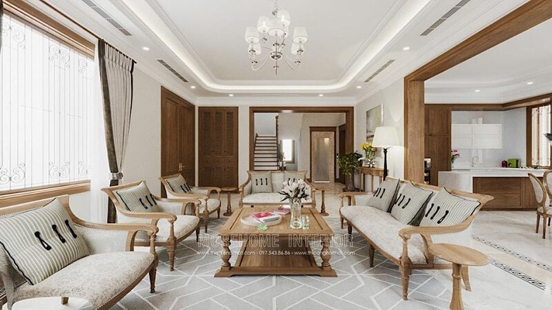Mẫu bàn trà gỗ tự nhiên đẹp cùng bộ ghế sofa gỗ sồi ấn tượng tạo điểm nhân cho căn phòng.