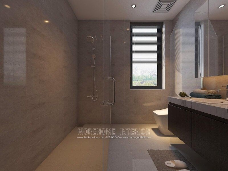 Vách tắm kính 135 độ có bố trí khoa học giúp không gian phòng tắm nhỏ trở nên thoáng đãng nhưng vẫn đảm bảo sự tiện nghi.